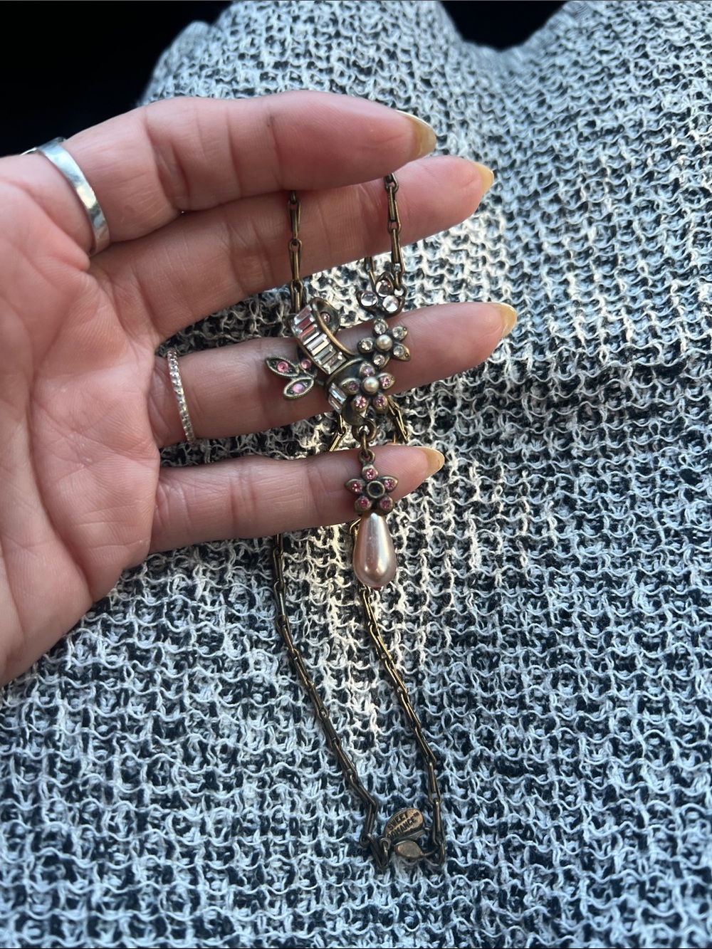 Sweet Romance Antique Gold Floral Necklace with Pink Accents